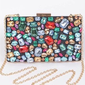 Multicolor Gemstone Clutch with Gold Chain